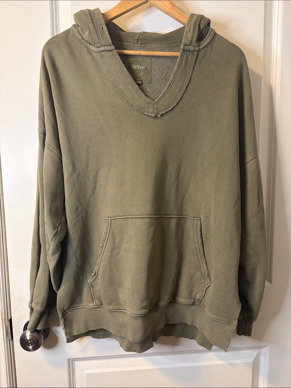aerie Olive Green V-Neck Hooded Pullover Sweater